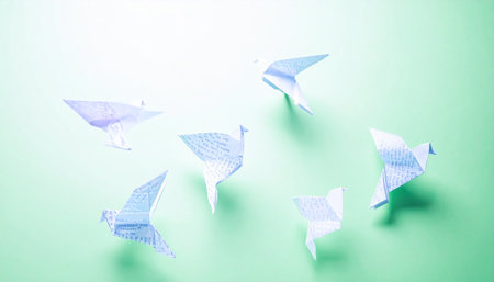 A flock of delicate origami birds flies in unison across a serene mint green background, heading towards a bright light.の素材