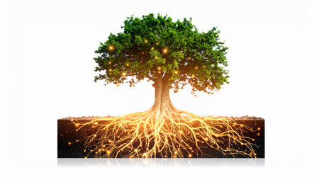 A powerful tree stands isolated, its lush canopy sparkling with light. Below the surface, a complex root system glows with golden energy, illustrating a hidden network of life, data, and power.の素材