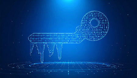 A glowing digital key, composed of binary code, hovers in a futuristic space. It appears frozen, with icicles dripping down, symbolizing the concept of a 'cold wallet' or secure, offline data storage.の素材