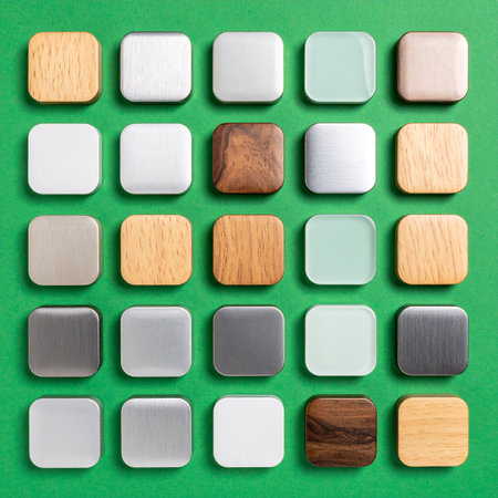 An organized flat lay of material samples, showcasing a diverse palette of wood textures and solid colors.の素材
