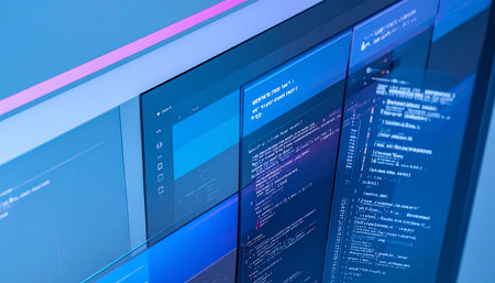 In a dimly lit room, multiple screens glow with complex lines of code, showcasing the intricate process of software development.の素材