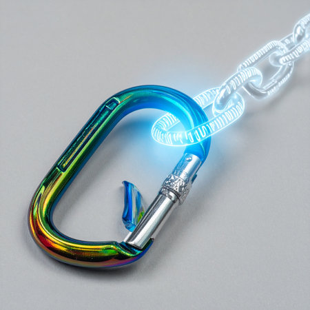 A powerful digital connection is forged as a luminous blue light emanates from a transparent chain link, securely fastened to a strong, iridescent carabiner.の素材