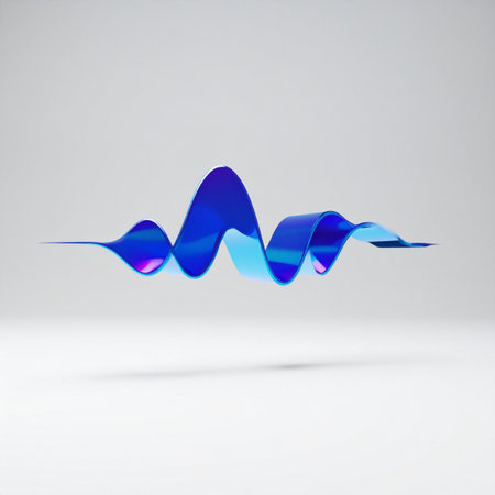 A vibrant blue digital waveform floats gracefully against a clean, minimalist background.の素材