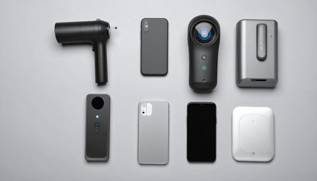 A top-down view of the essential toolkit for the modern digital nomad and content creator.の素材