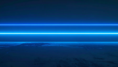 A brilliant blue neon beam cuts through the darkness, stretching to an infinite digital horizon.の素材