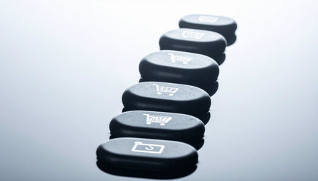 A perfectly aligned row of hockey pucks on a clean, reflective surface.の素材