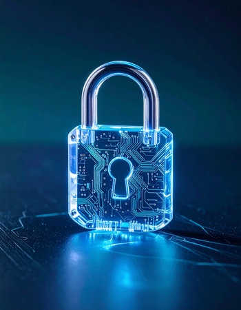 A luminous digital padlock stands as a powerful symbol of modern cybersecurity.の素材