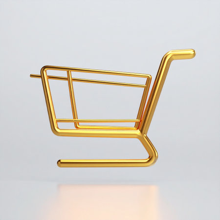 A gleaming golden shopping cart floats against a clean, reflective surface, symbolizing a premium online shopping experience.の素材
