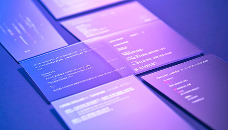 In a sleek, futuristic workspace, glowing panels of data are organized in a seamless digital interface.の素材
