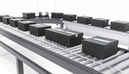 In a clean, minimalist setting, identical packages move with precision along an automated conveyor belt.の素材