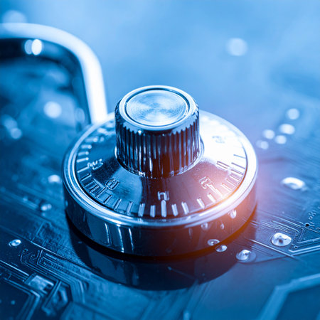 A robust combination lock stands as the ultimate guardian on a glowing circuit board, symbolizing the critical importance of advanced cybersecurity.の素材