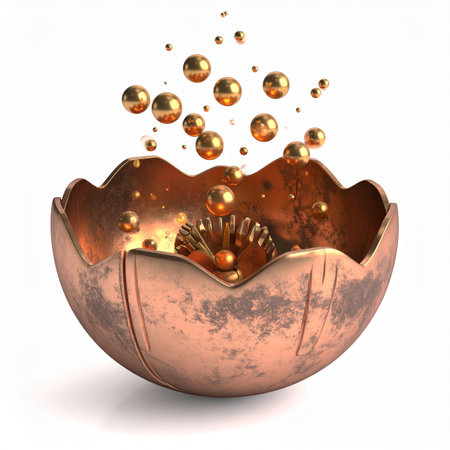 From a weathered copper lotus, a stream of polished golden spheres emerges and levitates, symbolizing the birth of precious ideas, wealth, or spiritual energy.の素材