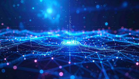 A vibrant digital landscape pulses with energy as information flows through a complex grid of interconnected nodes.の素材