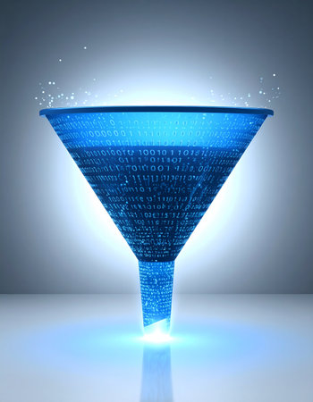 A glowing blue funnel processes vast amounts of complex digital information, filtering and refining it into a single, powerful stream of valuable data.の素材