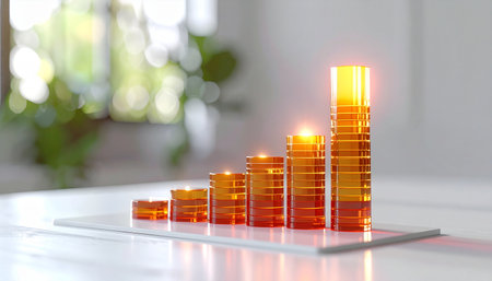 Stacks of glowing golden coins form an ascending bar chart on a sleek digital tablet, symbolizing successful investment growth and financial prosperity.の素材