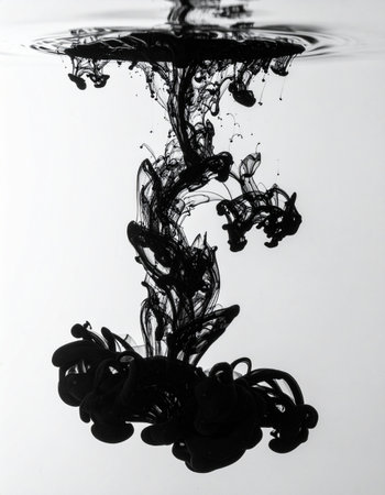 A single drop of black ink is released into clear water, creating a chaotic yet beautiful cloud.の素材