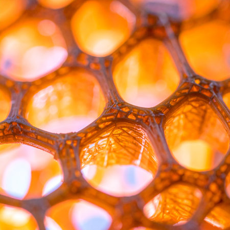 A macro view captures the intricate beauty of a honeycomb, with each hexagonal cell filled with golden nectar.の素材