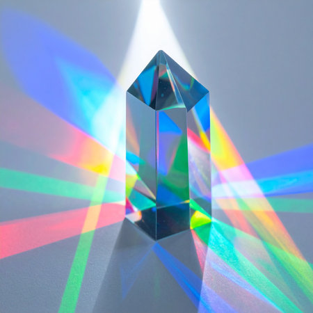 A single beam of pure white light enters a crystal prism, revealing its hidden truth as it fractures into a brilliant spectrum of vibrant colors.の素材