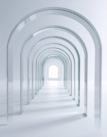 Step into a serene and futuristic corridor where repeating white arches create a mesmerizing sense of infinite perspective.の素材