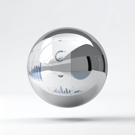 A flawless, highly polished chrome sphere hovers against a clean white background.の素材