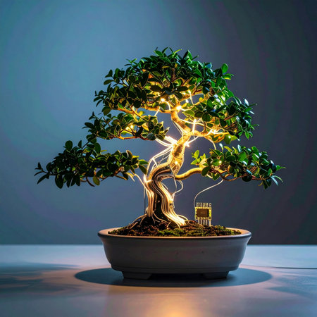 A miniature bonsai tree glows from within, its branches intertwined with warm fairy lights that cast a serene and magical aura.の素材