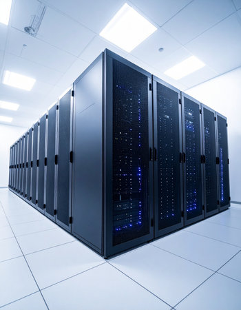 Rows of powerful servers hum quietly in a pristine, climate-controlled data center.の素材