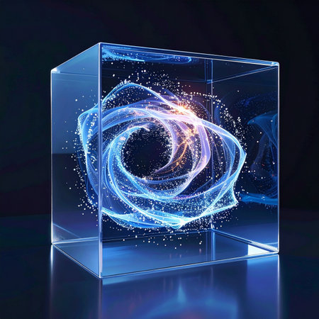 A mesmerizing swirl of blue and gold light particles, representing a captured quantum phenomenon or a futuristic energy source, is elegantly contained within a pristine glass cube.の素材