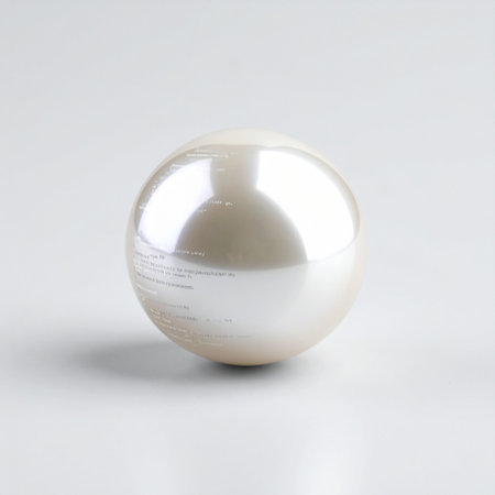 A single, perfectly polished chrome sphere rests on a clean white surface. Its flawless, reflective exterior captures and distorts the surrounding light, creating an abstract and futuristic visual.の素材