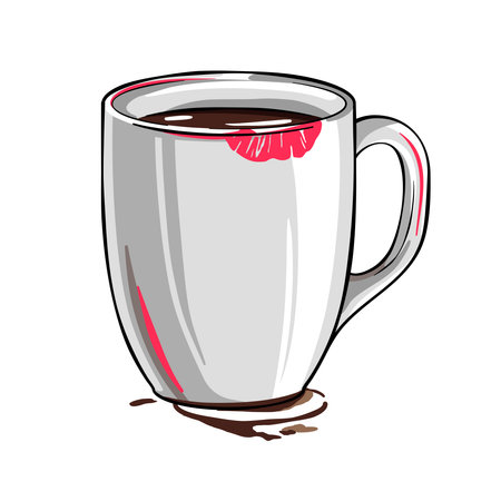 Cup of coffee with a lipstick imprint on it, vector drawingのイラスト素材