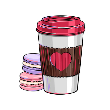 Takeaway coffee paper cup with heart symbol on it, coffee to go,macarons, dessertのイラスト素材