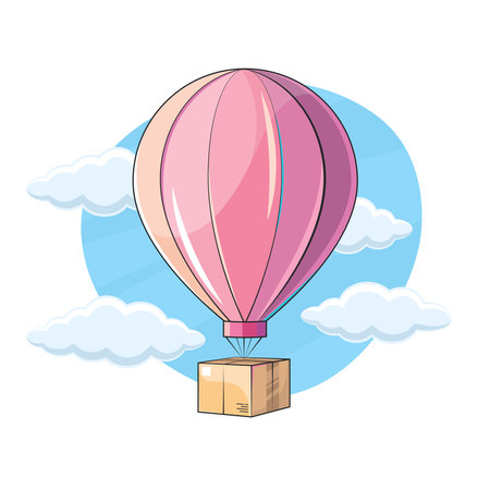 Hot air balloon delivery, shipping, parcel, cardboard box illustrationのイラスト素材