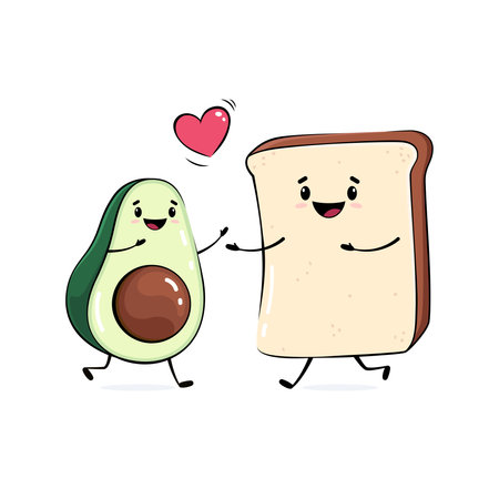 Happy cartoon avocado and a toast running to hug each other, cute character drawing, love illustrationのイラスト素材