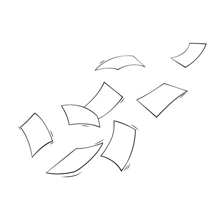 Flying paper sheets, hand drawn comic illustrationのイラスト素材