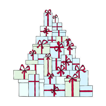 Big pile, stack of gifts and presents with red bows in doodle, comic, cartoon style, vector drawing, holiday, celebration, birthday, christmas illustrationのイラスト素材