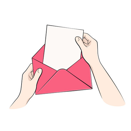 Hands holding an envelope and getting out a blank paper sheet, comic, cartoon style vector illustrationのイラスト素材