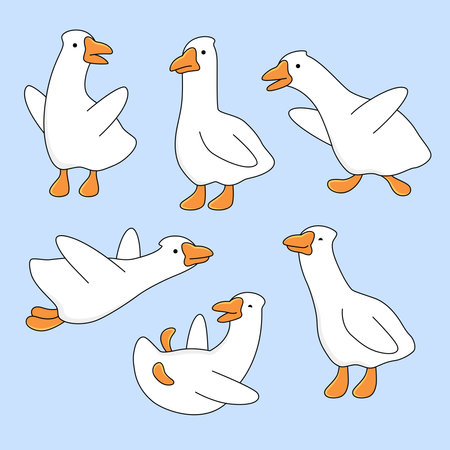 Goose, geese set of illustrations, cute cartoon drawings. Animal character in various posesのイラスト素材