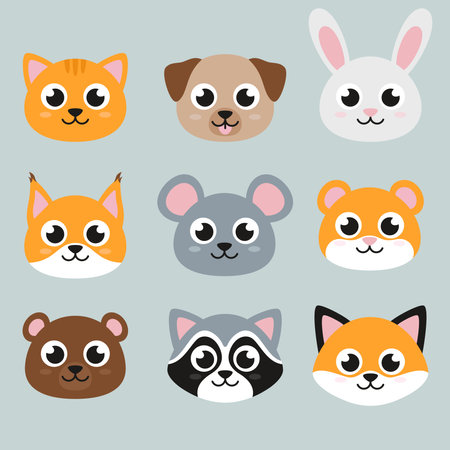 Heads of cute animals, set of flat style illustrationsのイラスト素材