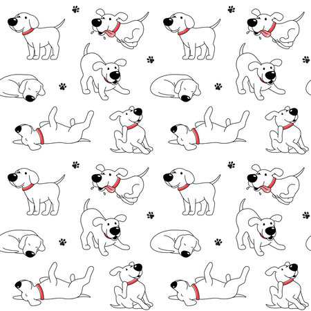 Cartoon dog seamless pattern, background. Funny happy dog, comic character in various poses, vector drawingのイラスト素材