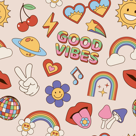Hippie seamless pattern, background. Set of vintage, retro, hippie style icons, elements and objects. Vector illustrations.のイラスト素材