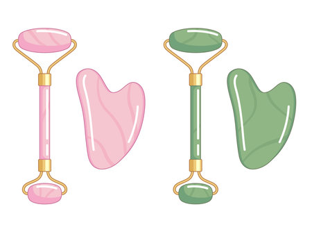 Pink quartz and jade face roller and gua sha tool.
Massage, face routine, morning care illustration.のイラスト素材