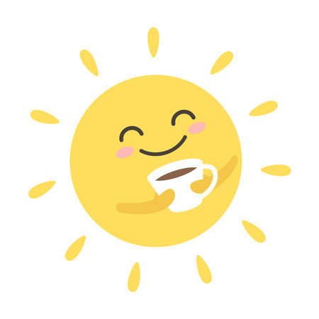 Cute smiling sun character with a cup of tea, coffee, morning illustrationのイラスト素材
