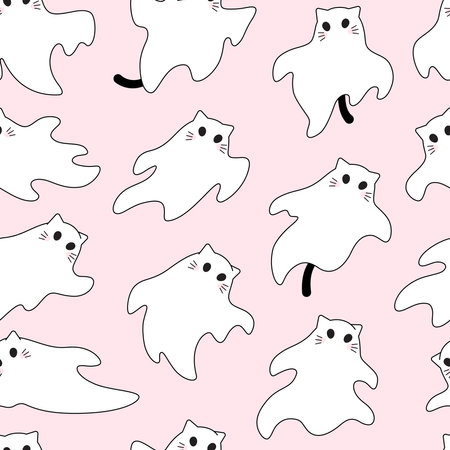 Simple cute cat, kitten ghost characters with tails and whiskers. Seamless vector pattern, background. Halloween spooky drawings.のイラスト素材