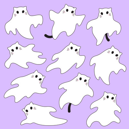 Set of simple cute cat, kitten ghost characters with tails and whiskers vector illustrations. Halloween spooky drawings.のイラスト素材