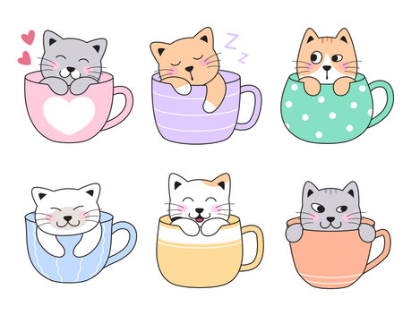 Cute cats, kittens in tea, coffee cups, mugs. Sleeping, hiding, happy, love pets. Set of simple cartoon vector drawings.のイラスト素材