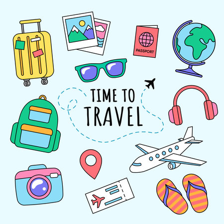 Travel and vacation objects, icons and accessories. Set of cartoon, comic holiday illustrations, vector drawings.のイラスト素材