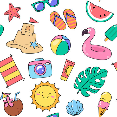 Summer, vacation, holiday, beach accessories and objects seamless pattern. Cartoon drawings and illustrations. Vector backgroundのイラスト素材