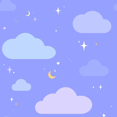 Sky with clouds, moon, twinkle stars and hearts seamless pattern. Cute dreamy background, vector children, kids illustration.のイラスト素材