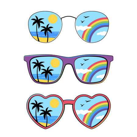 Sunglasses with summer view inside, beach, holiday illustrationのイラスト素材