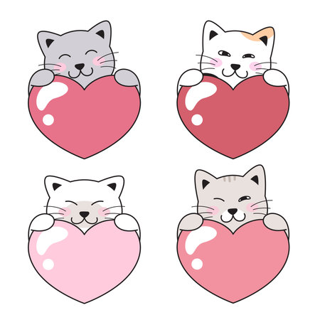 Cats, kittens holding hearts. Simple cute vector drawing, love illustrationのイラスト素材