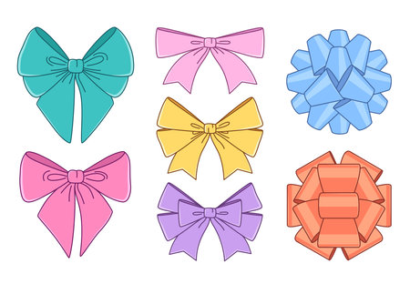 Gift bows, present ribbons. Set of isolated cartoon style drawings, vector illustrationsのイラスト素材